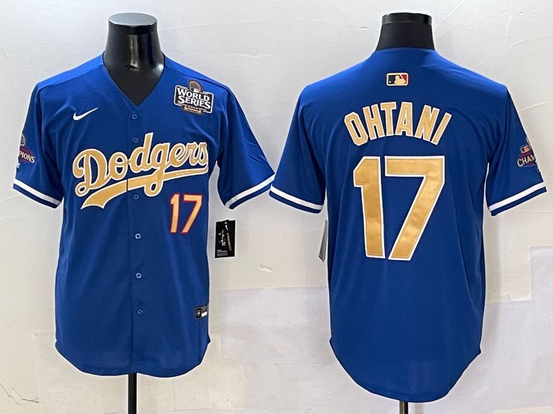 Men Los Angeles Dodgers #17 Ohtani Blue Champion gold character 2025 Nike MLB Jersey style 4091->women mlb jersey->Women Jersey